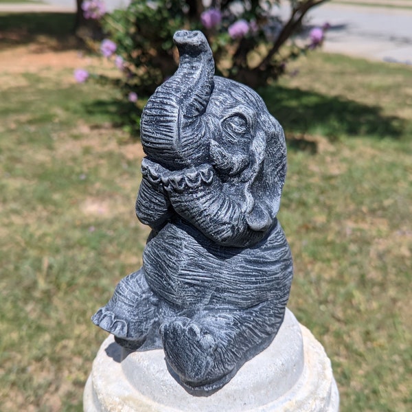 Laughing Baby Elephant Concrete Statue -  Home or Garden Decor, Cement Animal Art for Interior, Exterior, Garden, Yard, Office - Stone Gray