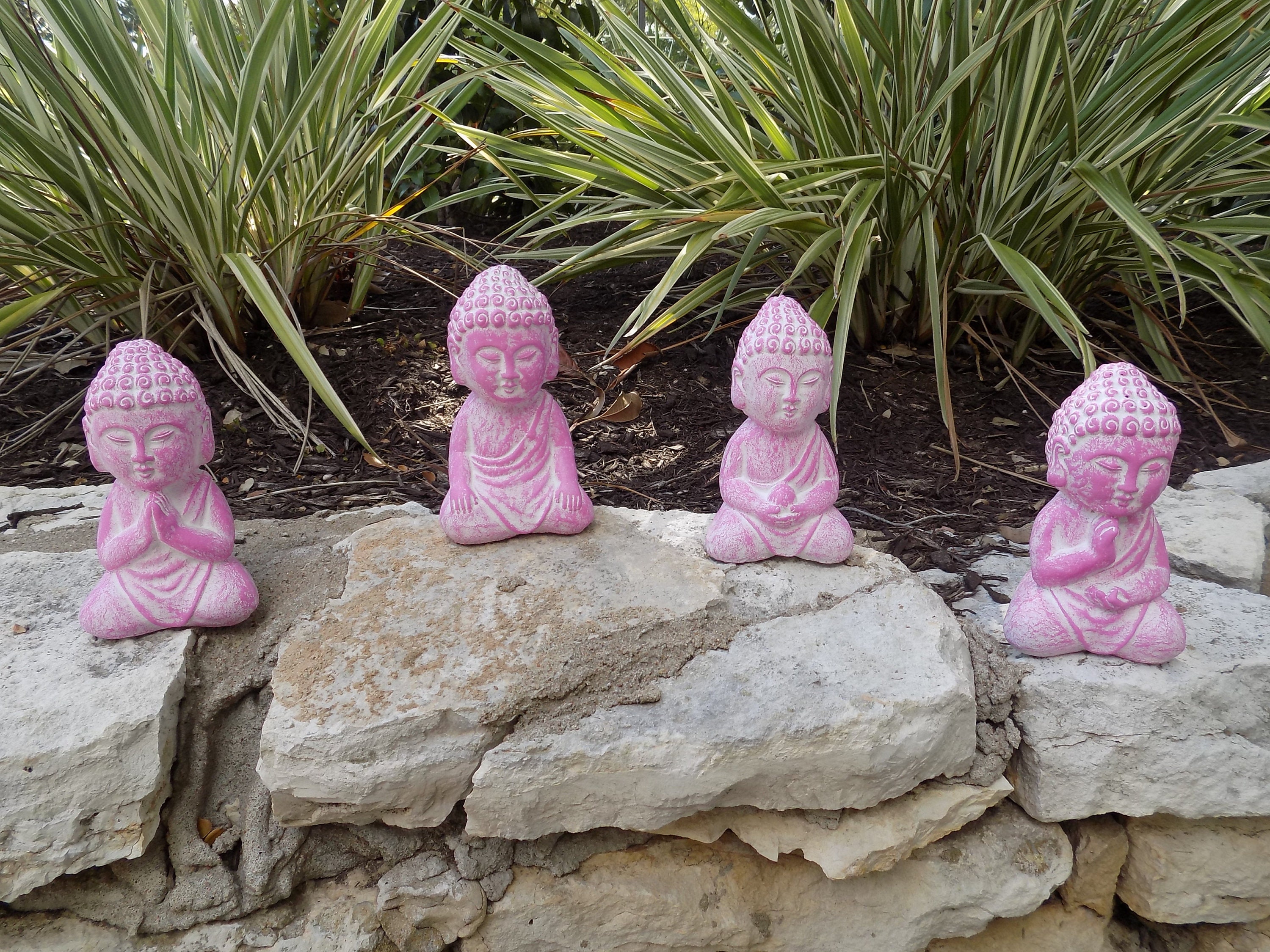 Pink Lotus Mini Concrete Buddha Set of 4 - Home or Garden Decor