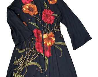 Kimono Harari XL, túnica de seda estilo Lagenlook, color negro, estampado amapola, chaqueta roja