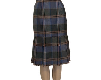 VTG New 70’s Escada SRB 10 Wool Skirt Tartan Plaid Fringe Midi Blue Scottish