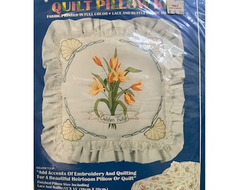 VTG 70’s NWT Vogart Crafts Quilt Pillow Kit Golden Tulip 8770E Embroidery Ruffle