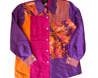 New VTG Y2K Koos Of Course! M Silk Blouse Art To Wear Artsy Shirt Top Pink Orange Floral Purple