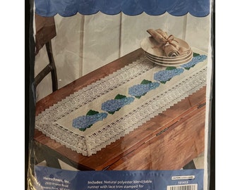 NIB Herrschners Summer Hydrangeas Table Runner Kit Cross Stitch Lace 101453