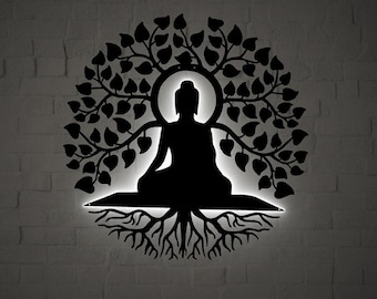 Buddha Wall Art Metal Decor, Meditation Room Boho Wall Hanging, Sacred Tree of Life Silhouette, Yoga Studio Gift, Spiritual Home Decor