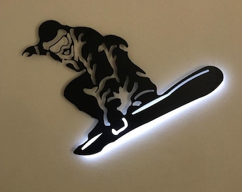 Snowboarder LED metal wall decor, snowboarder gift, boarder christmas gift, boarder with led backliht, winter sport accessory, mancave decor
