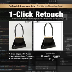 Könnte beinhalten: Das Bild zeigt eine schwarze Handtasche mit goldenem Verschluss und Henkel, vor und nach der Hintergrundentfernung. Text hebt Merkmale wie scharfe Kanten und natürliche Schatten hervor, optimiert für Shopify, Amazon und Etsy.