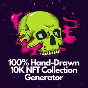 Op de afbeelding: Een neon-groene schedel illustratie met zwarte details en roze rook-achtige elementen tegen een donkerpaarse achtergrond. De tekst luidt: "100% Handgetekende 10K NFT Collection Generator."