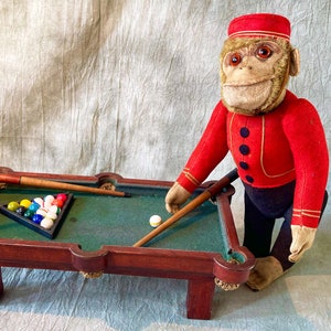 Antique Schuco Bellhop Monkey Toy: 1920s Mohair, Billiard Table