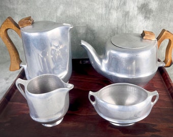 Picquot Ware Tea and Coffee Set – English MCM Design – Aluminum with Wooden Tray – 1950s