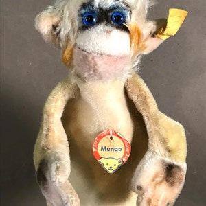 Marioneta de mano Steiff Mungo Monkey 1958 Botón en la oreja Mohair