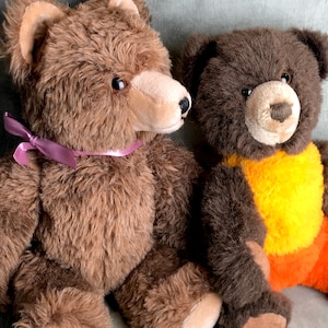 May include: Two plush teddy bears. One is light brown with a pink ribbon around its neck. The other is dark brown with a yellow chest and orange pants. Both have tan snouts and black eyes. The bears are sitting side by side.