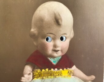 Two antique Real Photo Kewpie Doll Postcards with GLASS Eyes 1910