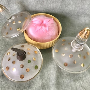 Art Deco Vanity Set | 1930s Frosted Glass | Gold Polka Dots | Perfume Atomizer & Powder Jar