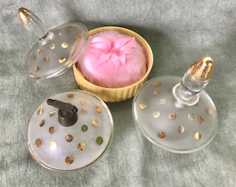 Art Deco Vanity Set | 1930s Frosted Glass | Gold Polka Dots | Perfume Atomizer & Powder Jar