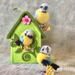 May include: A felt birdhouse with three small, plush birds. The birdhouse is lime green with a pink flower and decorative swirls. The birds are yellow, blue, and white, with small tags attached. The background is a mottled gray.
