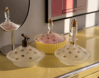 Art Deco Vanity Set | 1930s Frosted Glass | Gold Polka Dots | Perfume Atomizer & Powder Jar