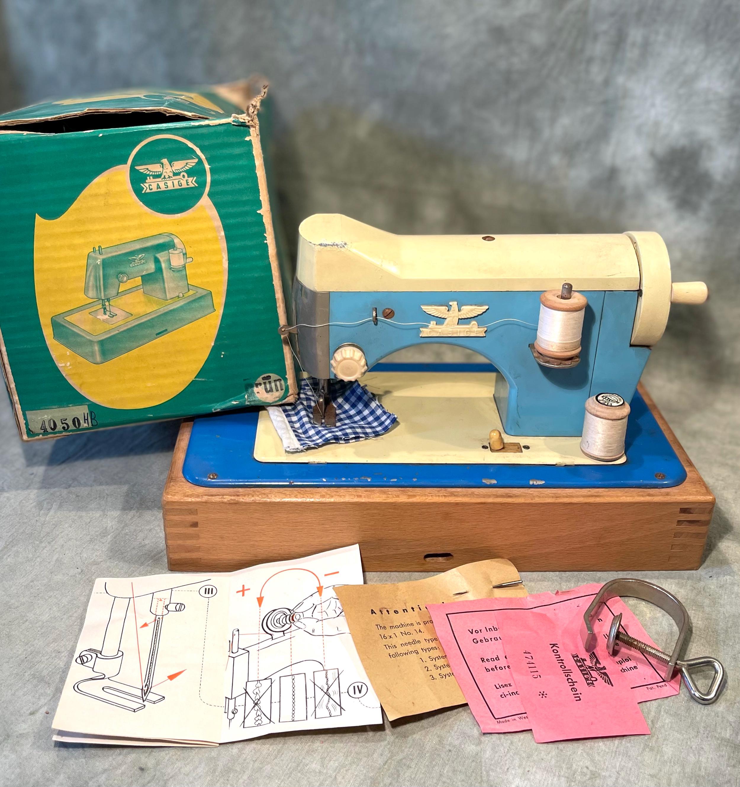 Vintage Casige Toy Sewing Machine: Blue & Beige Metal, 1950s