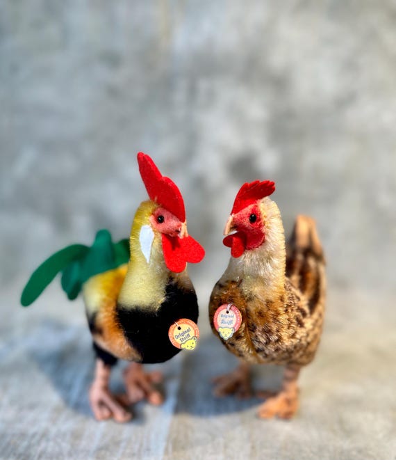 SteiffシュタイフRooster Henビンテージ※鶏おんどりめんどりペア Vintage Steiff Rooster and Hen (RARE) Chicken Pair 17 Cm All Ids