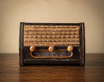 Antique wooden dollhouse radio with woven front – 1930s/40s miniature furniture   handmade vintage radio 1:12 scale