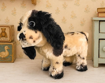 Steiff Cockie Cocker Spaniel Hund Schwarz Weiß Mohair 1960er Jahre