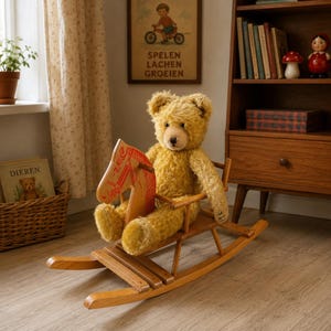 May include: A vintage-style, golden-yellow teddy bear sits on a wooden rocking horse. The rocking horse has a red painted horse head. The bear is in a room with a wooden bookshelf, a window, and a framed poster with Dutch text.