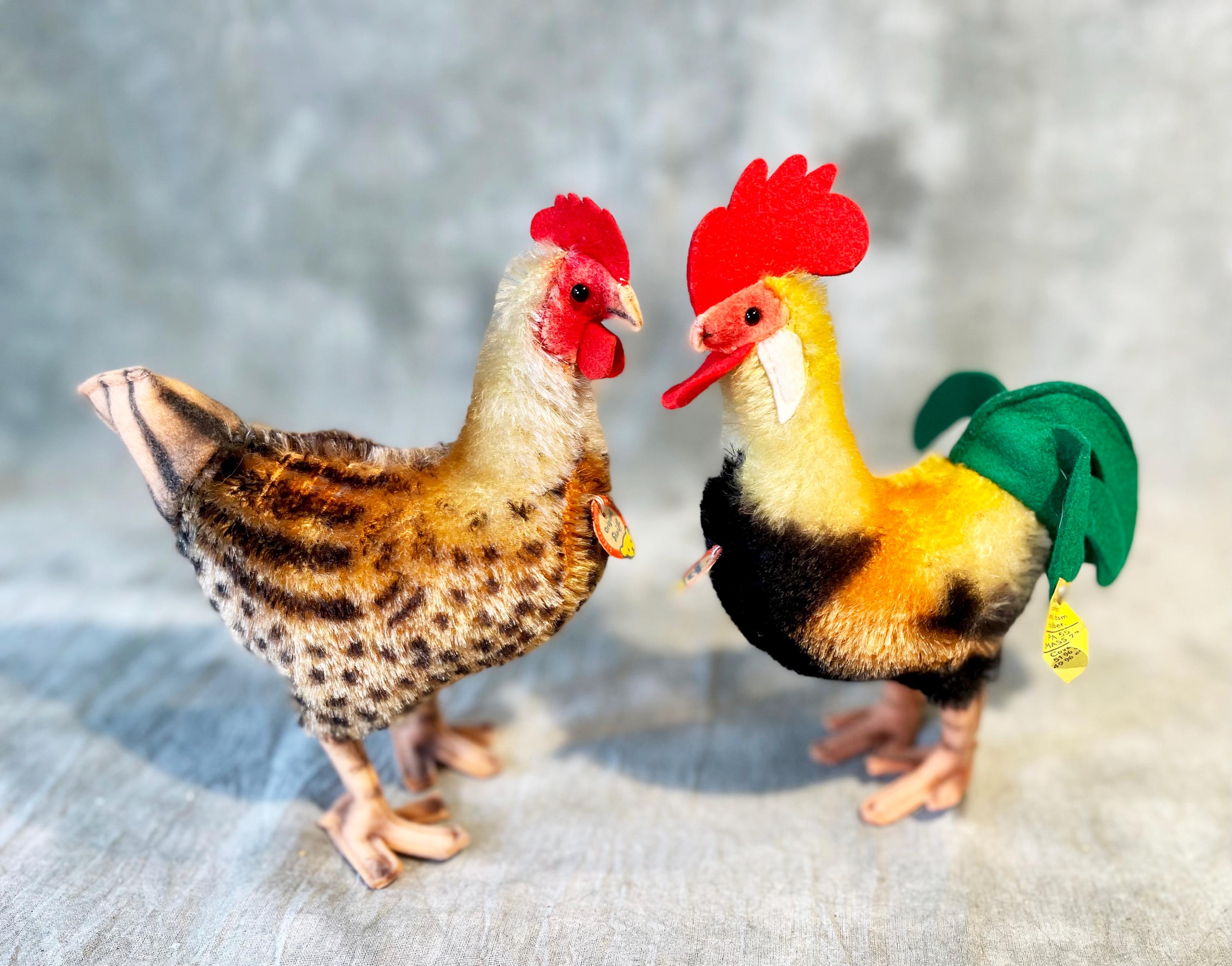 Vintage Steiff Rooster and Hen (RARE) Chicken Pair 17 Cm All Ids