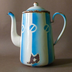 Vintage enamel coffee pot blue and white striped, 1930&#39;s