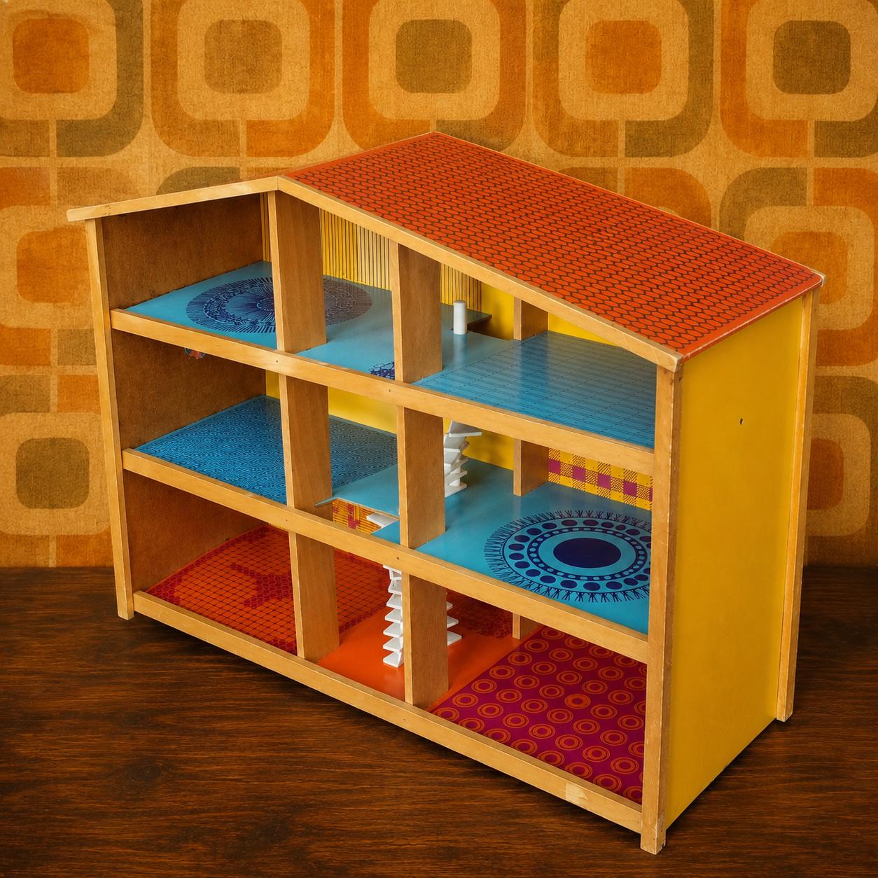 70s Vintage Okwa-dollhouse Wood Printed Doll's House Modern Pop