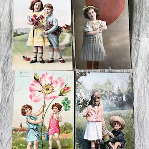 4 cartes postales anciennes romantiques RARES avec des enfants