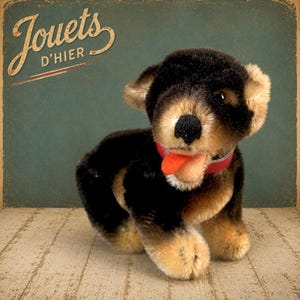 May include: A plush dog toy with black and tan fur, wearing a red collar and featuring a bright orange tongue sticking out. The background displays the text Jouets D'hier in a stylized script font, set against a dark teal, textured surface.