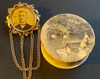 Early 20th Century Antique Photo Brooch with Original Box
