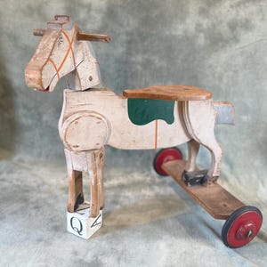 Antique French Wooden Horse Toy – Vintage Ride-On Decor – Rustic Nursery Display – Collectible Pull Toy