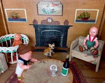 Handmade Dutch Dollhouse Living Room, Vintage Miniatures, 1930s-40s