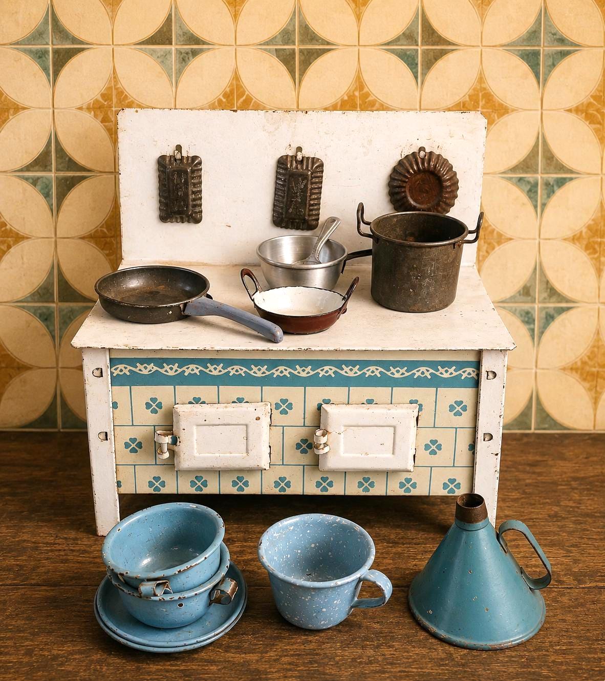 1940s Vintage Tin Toy Stove With Enamel Accessories & Metal Molds