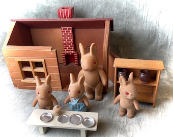 Familia de conejos Sylvanian vintage con casa – Juego de juguetes retro – Mesa y armario
