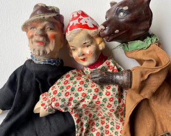 Antique Puppet Theatre Figures – Big Bad Wolf, Hunter & Girl c.1930s