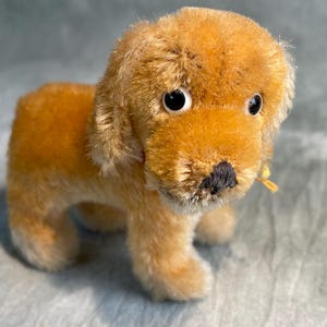 Puede incluir: Un perro de peluche vintage con pelaje marrón dorado, ojos negros y nariz negra. El perro está de pie sobre sus cuatro patas. Una pequeña etiqueta roja es visible en su oreja.