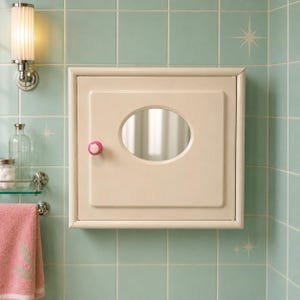 Vintage-Medizinschrank aus Metall mit ovalem Spiegel | Wandschrank aus den 1950er/60er Jahren | Retro-Badezimmeraufbewahrung