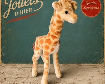 May include: A plush giraffe toy with a tan and brown spotted pattern, a long neck, and a short mane. The toy features dark eyes, small ossicones on its head, and a small tag on its ear. The background displays the text Jouets D'HIER and Qualité Supérieure.