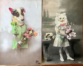 Two adorable antique postcards with dog and cat