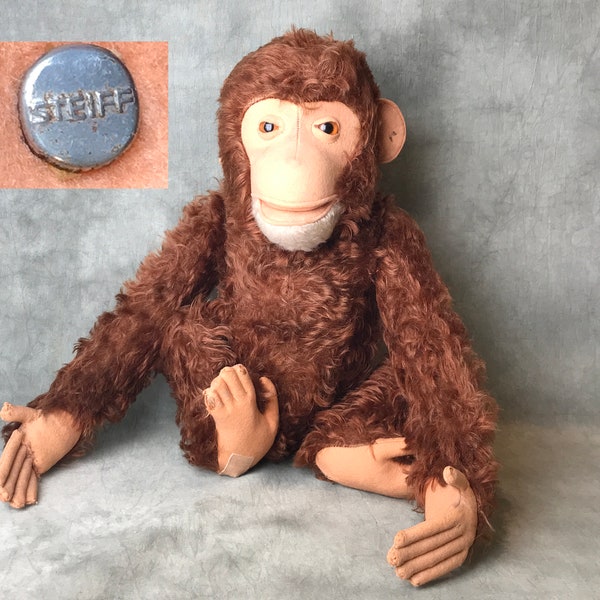 SELTENES Steiff Äffchen Jocko Schimpanse MIT Spezial Knopf aus den 40er Jahren