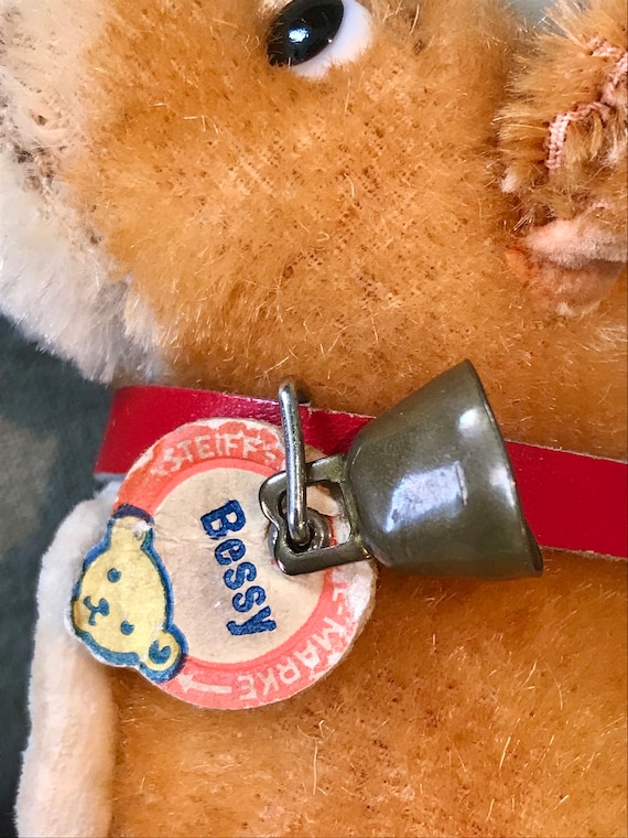 Vintage Steiff Mohair Cow Bessy: 12cm, With Collar, Bell and Name