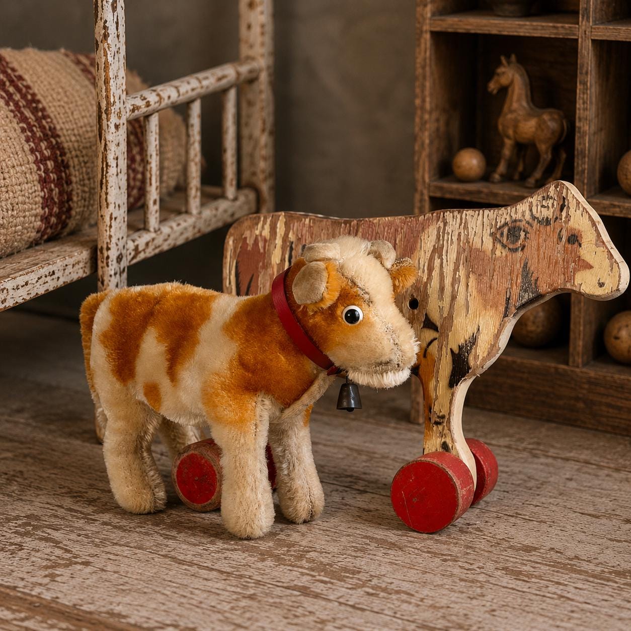 Vintage Steiff Mohair Cow Bessy Together With Antique LEGO Cow on