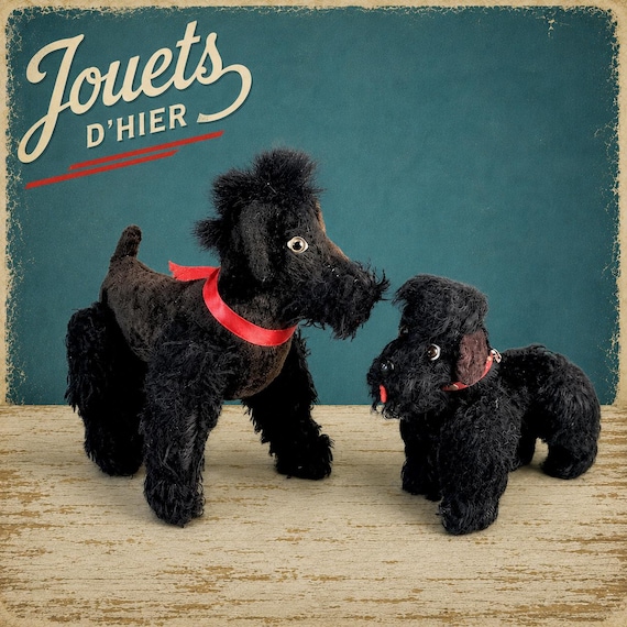 Pair of Steiff Snobby Black Poodles | Vintage Mohair Dogs