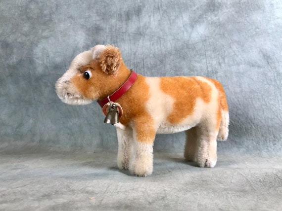 Vintage Steiff Mohair Cow Bessy: 12cm, With Collar, Bell and Name