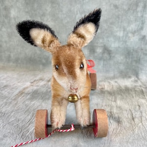 Steiff Bunny on Wheels • Mohair Rabbit Pull Toy with Button in Ear • 1950s Steiff Rabbit Toy