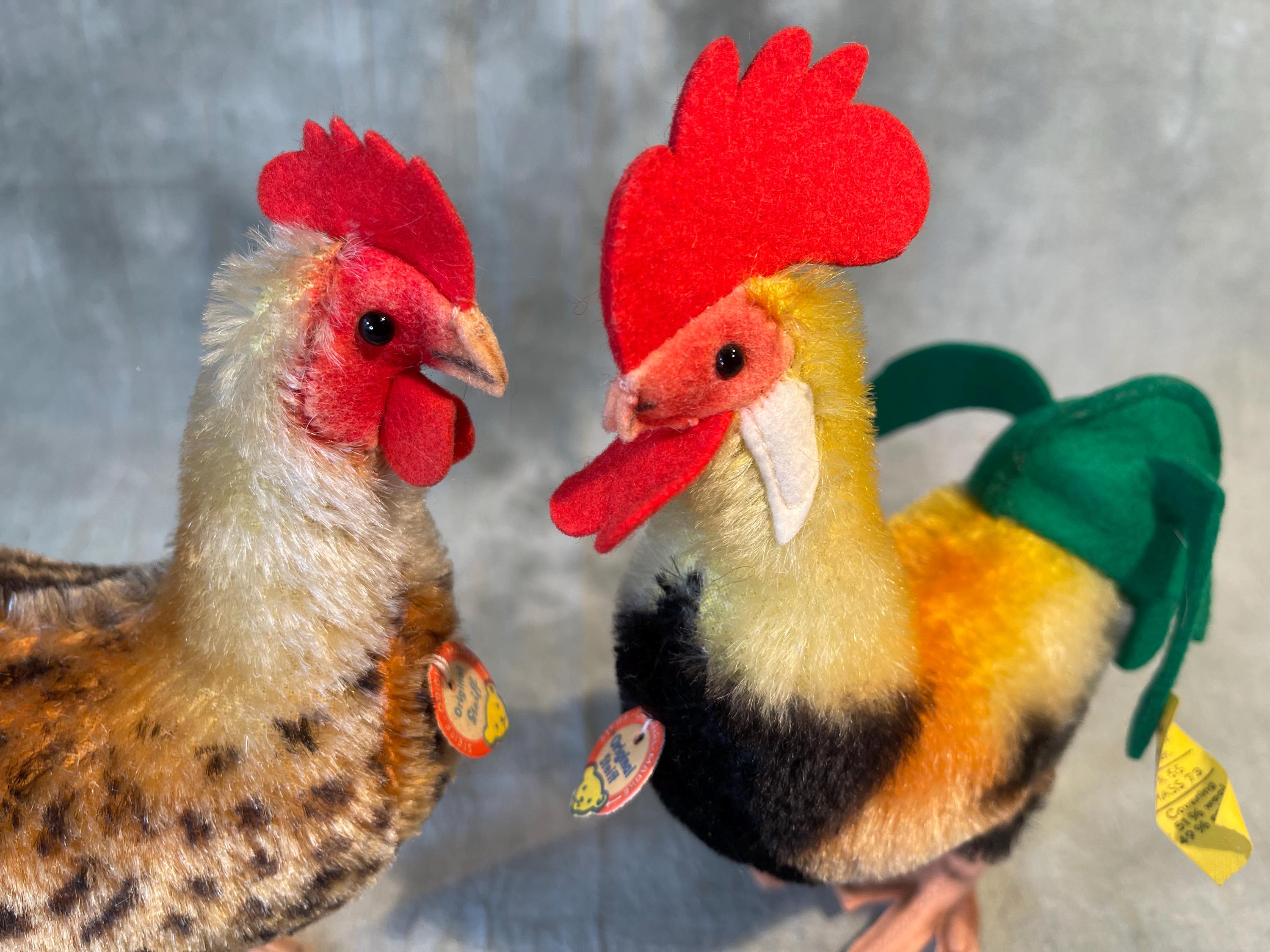 Vintage Steiff Rooster and Hen (RARE) Chicken Pair 17 Cm All Ids