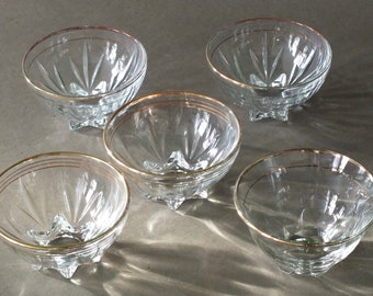 Set di 5 coppe da dessert o champagne francesi - Vintage anni '60 in vetro con bordi dorati