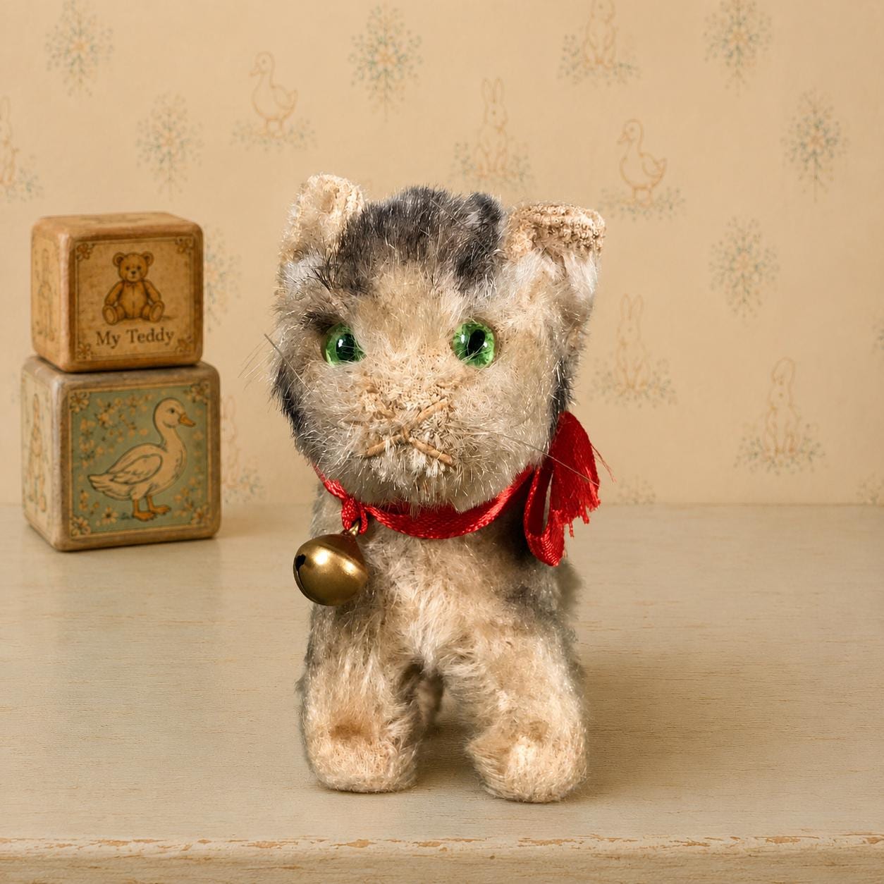 海外ヴィンテージ 猫 ぬいぐるみ アンティークVintage Cat Plush Vintage Steiff Tabby Kitten: Mohair Plush Cat With Green Eyes - Etsy