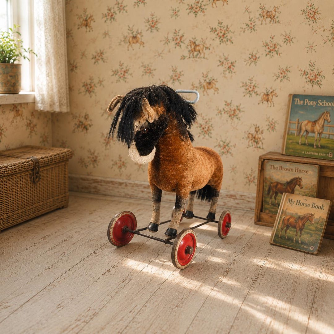 RARE Steiff Ride-on Horse on Wheels – Mohair – 1951–1964 – With